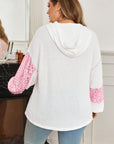 Pink Stripe Leopard Patchwork Waffle Knit Buttoned Plus Size Hoodie