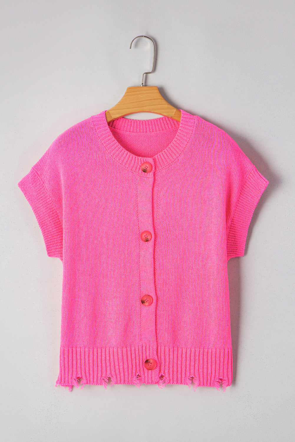 Janelle Distressed Hem Short Sleeve Button Sweater