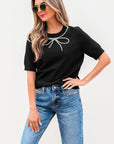 Bria Pearl Bow Short Sleeve Knitted Top