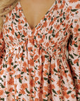 Floral Smocked V-Neck Bubble Sleeve Babydoll Dress