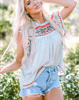 Angie Boho Embroidered Floral Print Flutter Sleeve Blouse