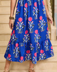 Floral Ruffle Hem Pop of Color Neckline Dress