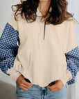 Checker Patchwork Kangaroo Pocket Half-Zip Hoodie