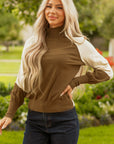 Colorblock Raglan Puff Sleeve Mock Neck Sweater