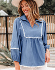 Nevaeh Lace Ric Rac 3/4 Puff Sleeve Collared Babydoll Blouse