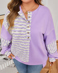 Plus Size Stripe Patchwork Buttoned Drop Shoulder Pullover