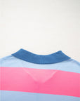 Blue Stripe Colorblock Patchwork Zip up Plus Size Pullover