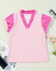 Rosie Stripe Ruffled V Neck Cap Puff Sleeve Top