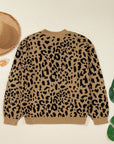 Leopard Ribbed Trim Crewneck Drop Shoulder Sweater