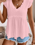 Textured Ruffle Trim V-Neck Top