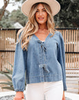 Oakley Tied Front Long Puff Sleeve Denim Top