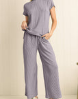 Solid Corded Short Sleeve T Shirt And Wide Leg Pants Set