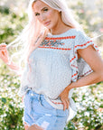 Angie Boho Embroidered Floral Print Flutter Sleeve Blouse
