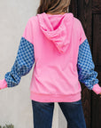 Checker Patchwork Kangaroo Pocket Half-Zip Hoodie