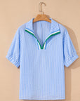 Stripe Contrast Split Neck Blouse
