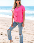 Janelle Distressed Hem Short Sleeve Button Sweater