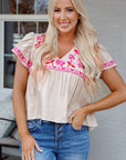 Jaliyah Floral Embroidered Notched V Neck Blouse