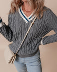Kayle Ribbed Edge Cable Knit V Neck Sweater