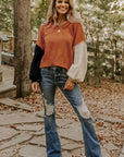 Colorblock Raw Edge Bubble Sleeve V-Neck Sweater