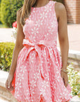 Rosa Floral Jacquard Sleeveless Mini Dress with Waist Tie