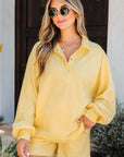 Kylie Button Collar Drop Shoulder Pullover and Shorts 2pcs Outfit