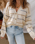 Stripe Buttoned V-Neck Cardigan Sweater