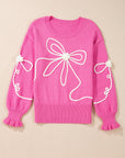 Corded Flower Bow Ribbed Trim Casual Sweater