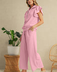 Textured Ruffle Sleeve Zipped Top and Wide Leg Pants Set