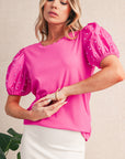 Pearl Beaded Puff Sleeve Ribbed Top