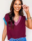 Colorblock V-Neck Cuffed Short Sleeve Sweater
