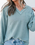 Eden Raw Edge Detail Waffle Knit V Neck Top