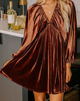 Velvet Elastic V-Neck Puff Sleeve Mini Dress
