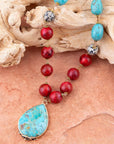 Blue and Red Turquoise Teardrop Golden Necklace