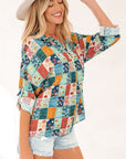 Floral Patchwork Long Sleeve Collared V-Neck Blouse
