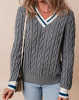 Kayle Ribbed Edge Cable Knit V Neck Sweater