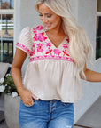 Jaliyah Floral Embroidered Notched V Neck Blouse