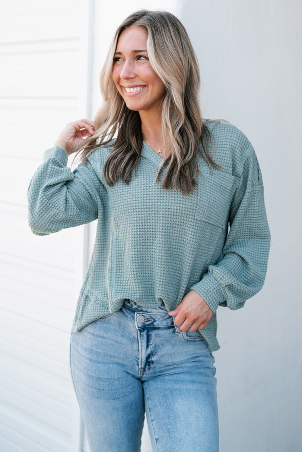 Eden Raw Edge Detail Waffle Knit V Neck Top