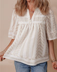Analia Jacquard Split V Neck Short Sleeve Blouse
