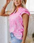 Cynthia Ric Rac Trim Flutter Sleeve Notch V Neck Blouse