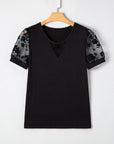 Floral Mesh Patchwork Puff Sleeve T-Shirt