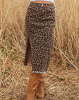 Leopard Denim Frayed Hem Midi Skirt