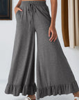 Solid Ruffle Wide Leg High Waist Pants
