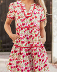 Floral Ricrac Puff Sleeve Pocketed Tiered Mini Dress