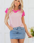 Rosie Stripe Ruffled V Neck Cap Puff Sleeve Top