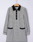 Stripe Collared Pocketed Long Sleeve T-Shirt Dress