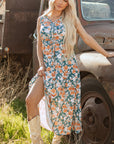 Kara Floral Tie Waist Sleeveless Holiday Long Dress