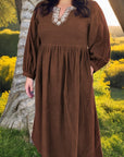 Plus Size Textured Corduroy Embroidered Neckline Midi Dress