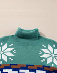 Christmas Reindeer Snowflake Colorblock Turtleneck Sweater