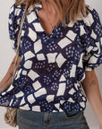 Abstract Frilled Puff Sleeve Blouse