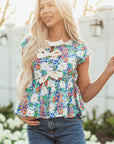 Indigo Floral Bow Applique Slit Sleeveless Peplum Blouse